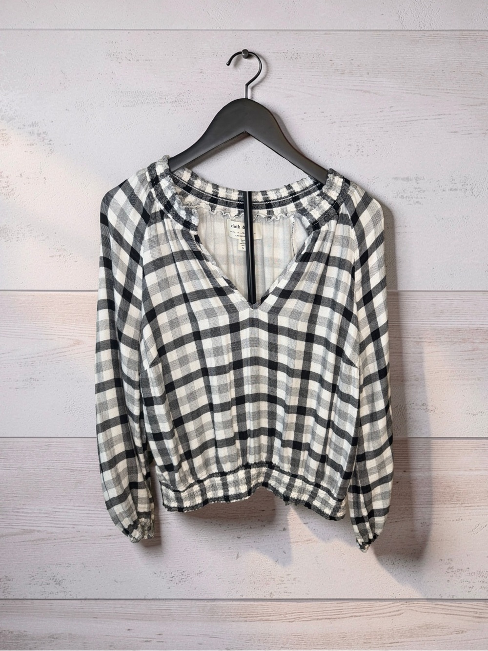 Anthropologie Black and White Plaid Peasant Blouse
